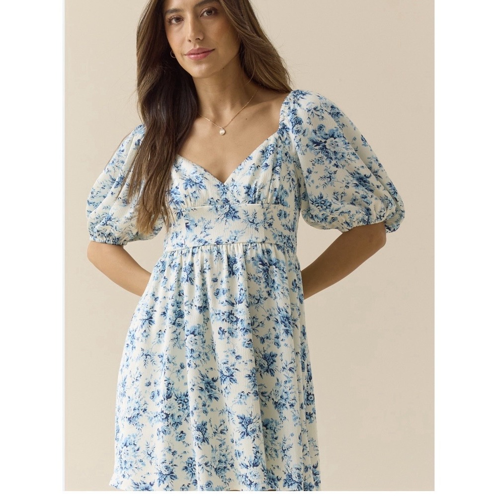 Altar'd State Blue Floral Puff Sleeve Cotton Mini‎ Dress NWT Size M Cottagecore